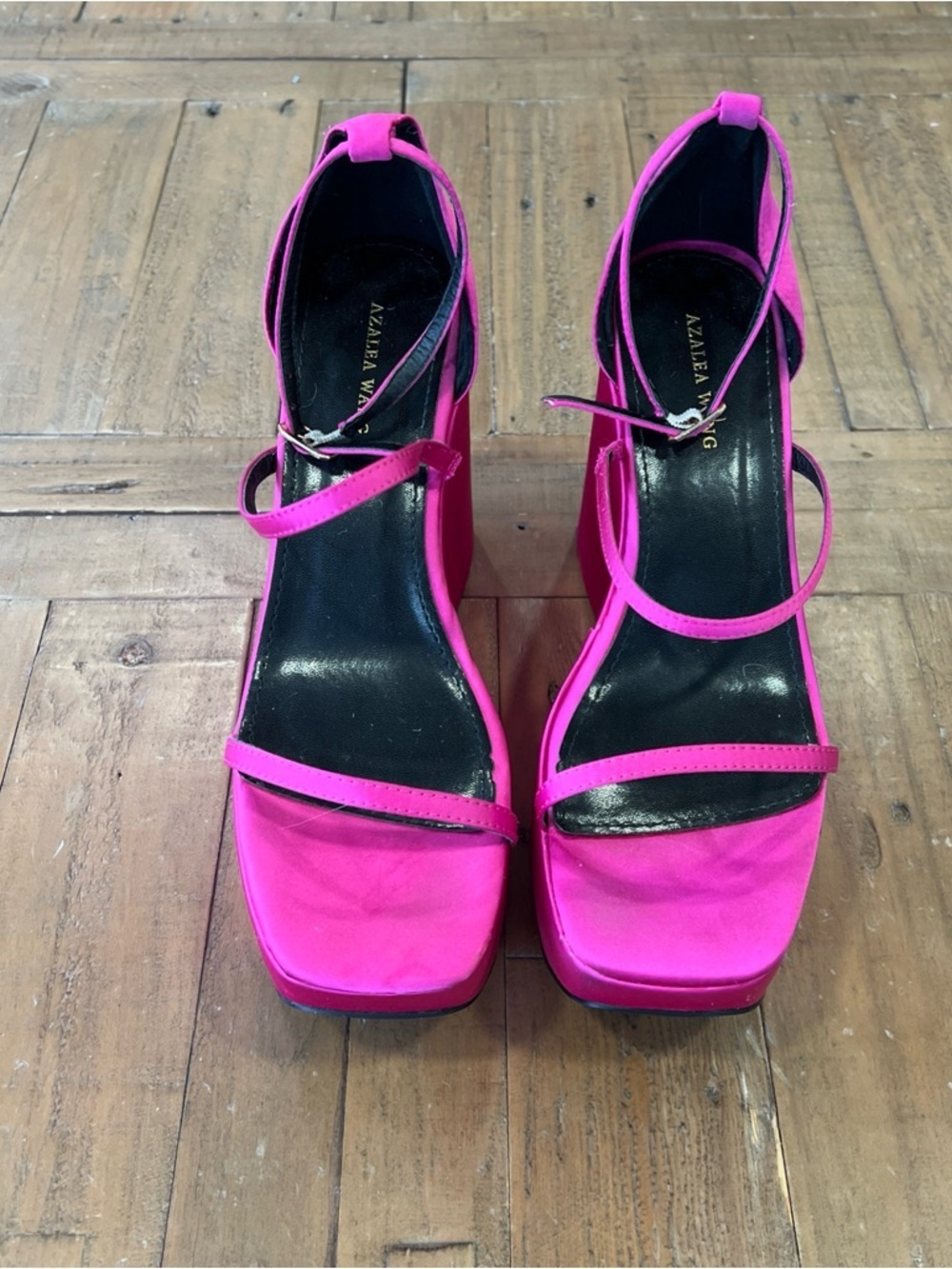 AZALEA WANG TOUCH THE SKY WEDGE Platform SANDAL Size 10 Fuchsia Satin Strappy - Picture 2 of 16